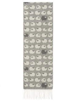 Soft Sheep Motif Fringed Scarf - White Grey