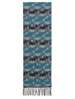 Soft Cat Motif Fringed Scarf - Turquoise Black