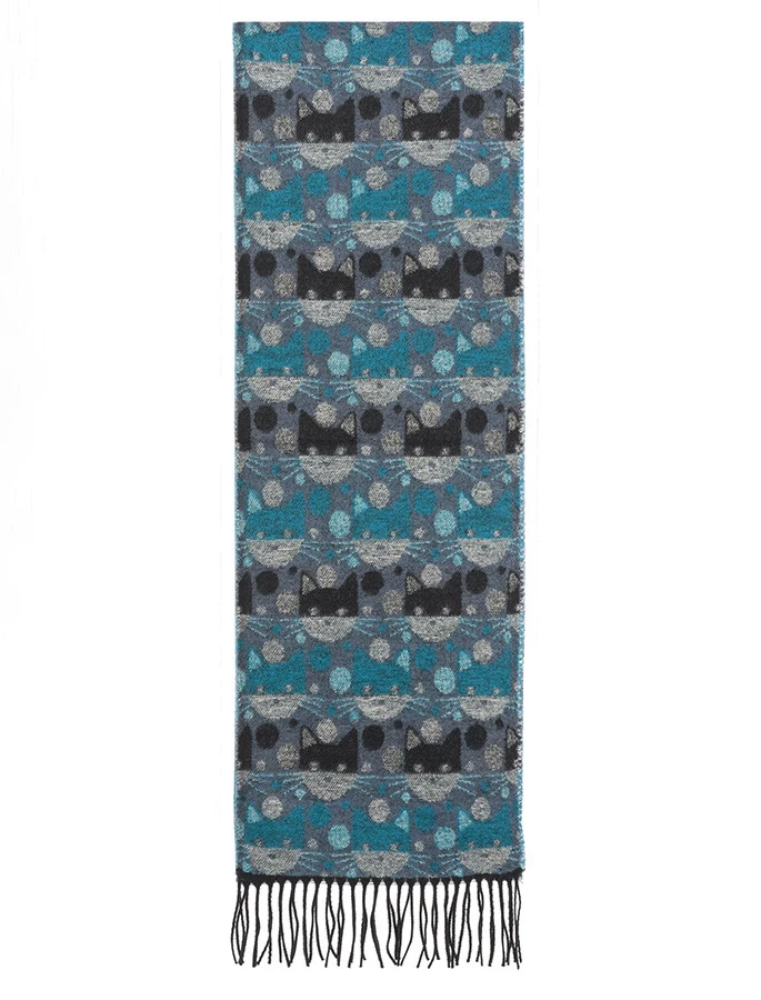Soft Cat Motif Fringed Scarf - Turquoise Black