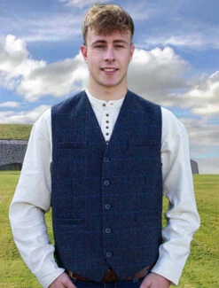 Tweed Herringbone Overcheck Waistcoat - Navy