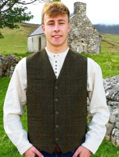 Tweed Herringbone Overcheck Waistcoat - Olive