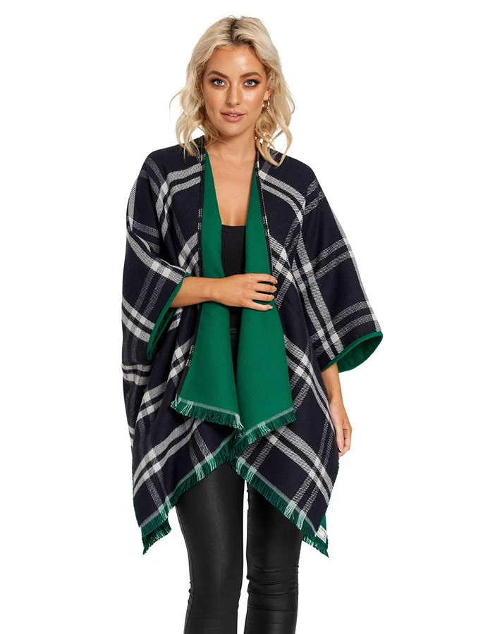 Reversible Plaid Fringed Shawl - Green