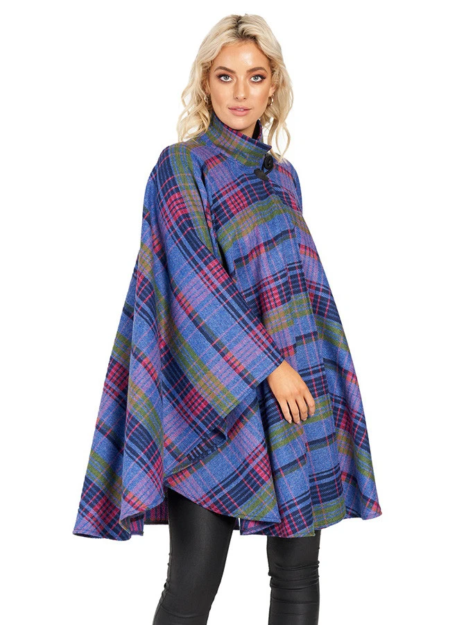 Donegal Tweed Cape With Fastening Toggle - Navy & Fuchsia
