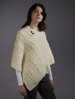 Cable Aran Poncho With Button Detail