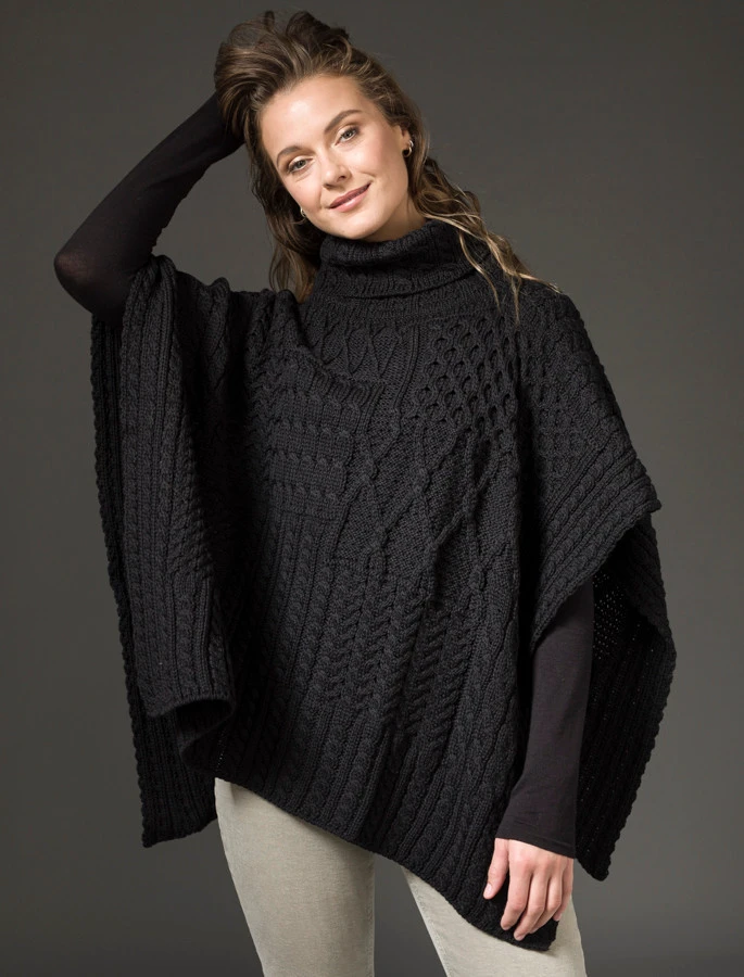 Merino Wool Patchwork Poncho With Collar - Image 11