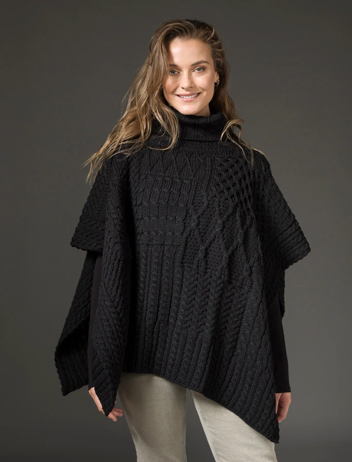 Merino Wool Patchwork Poncho With Collar - Image 9