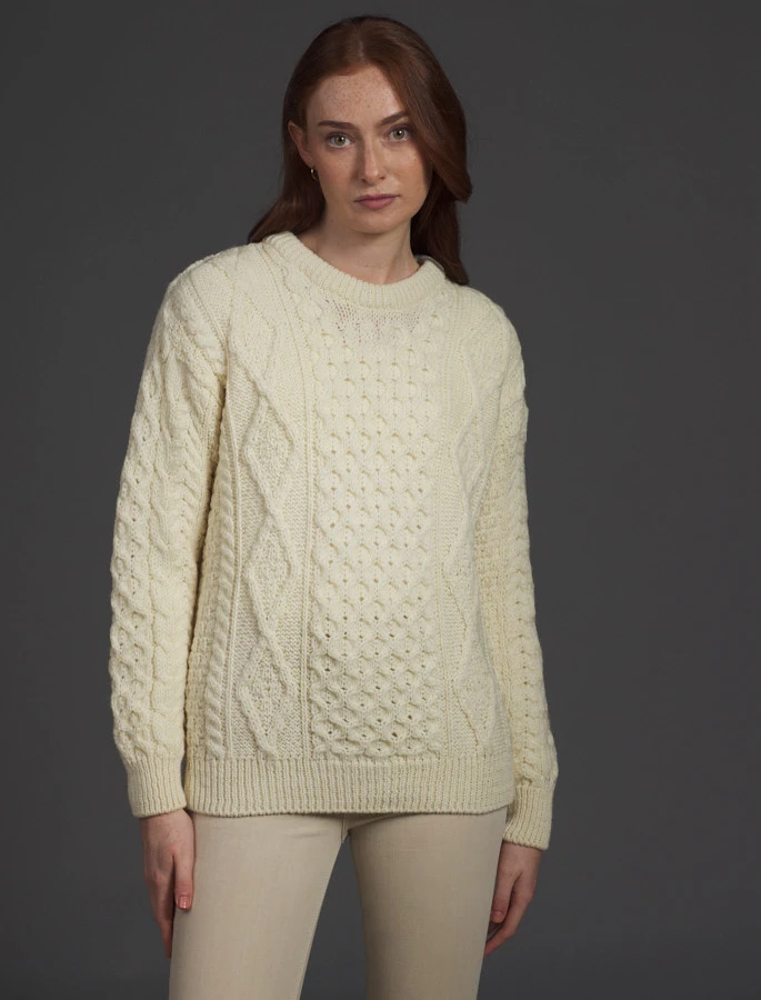 Women's Traditional Aran Wool Crew Neck Sweater - Image 13