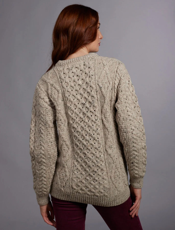 Women's Traditional Aran Wool Crew Neck Sweater - Image 3