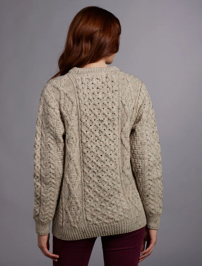 Women's Traditional Aran Wool Crew Neck Sweater - Image 9