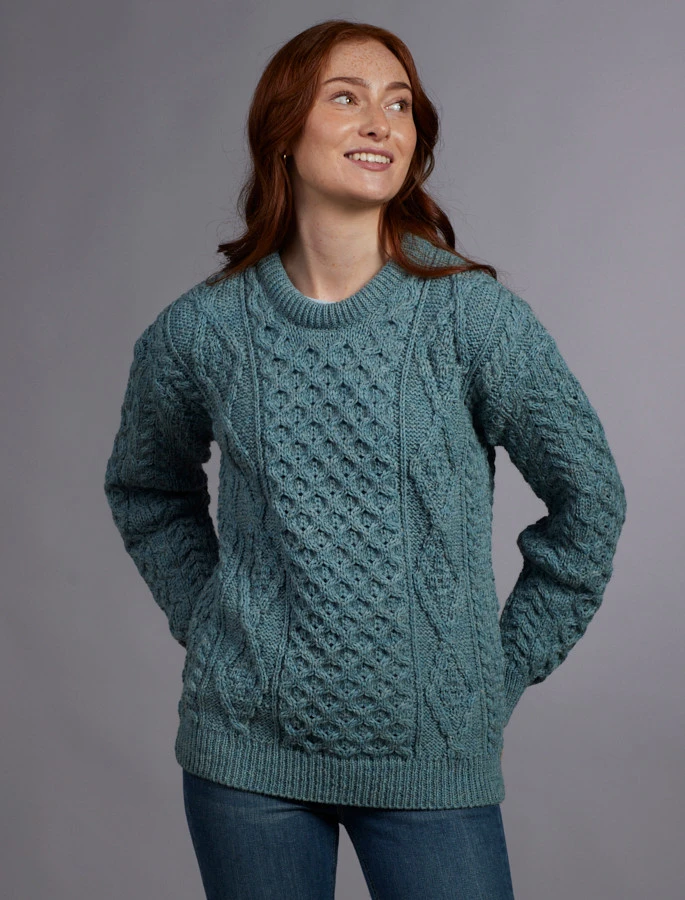 Women's Traditional Aran Wool Crew Neck Sweater - Image 7