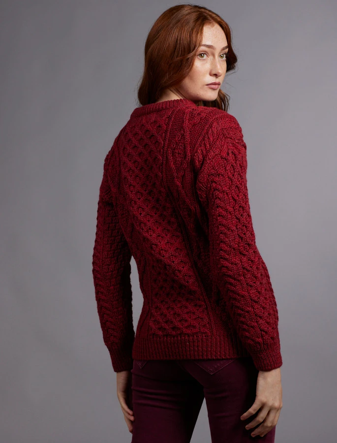 Women's Traditional Aran Wool Crew Neck Sweater - Image 10