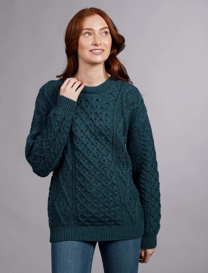 Women's Traditional Aran Wool Crew Neck Sweater - Image 14