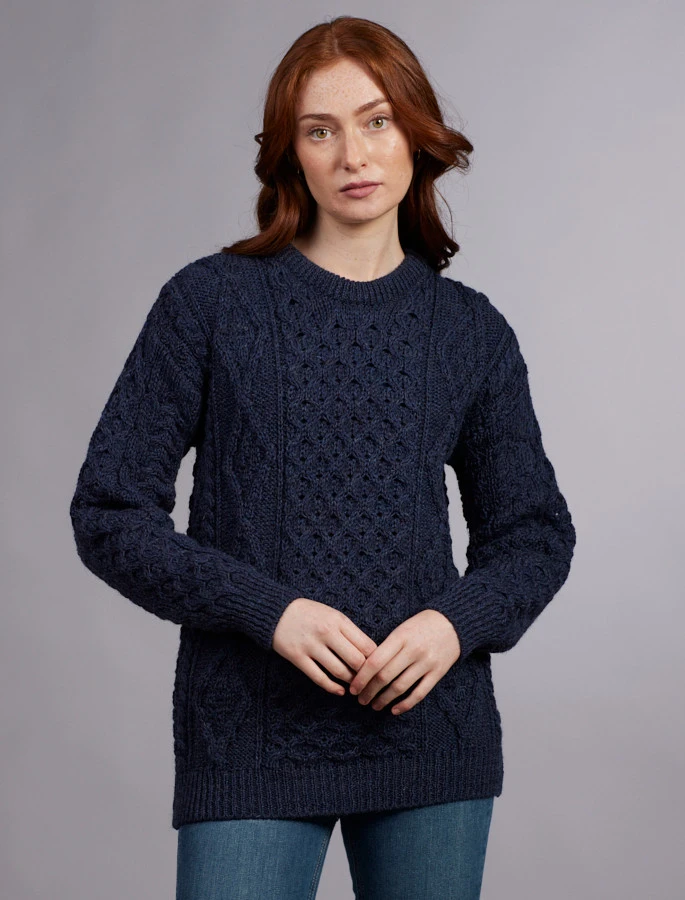 Women's Traditional Aran Wool Crew Neck Sweater - Image 2