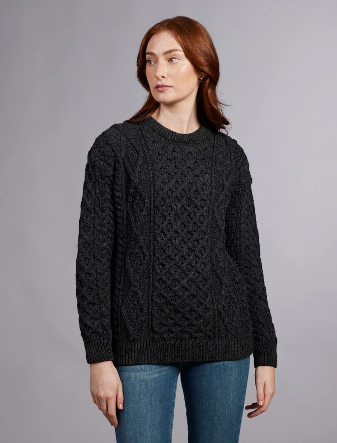Women's Traditional Aran Wool Crew Neck Sweater - Image 6