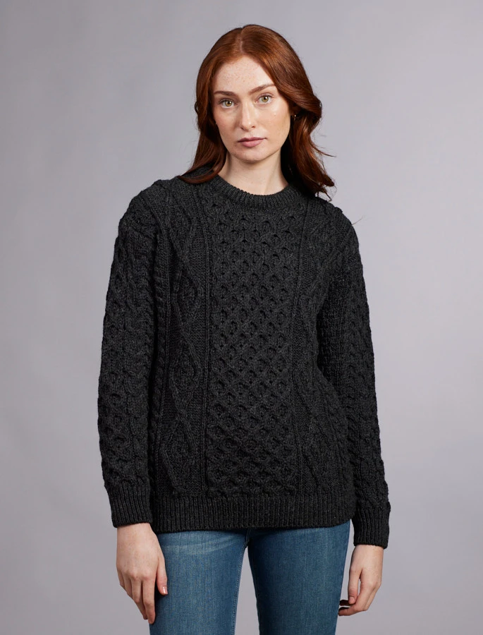 Women's Traditional Aran Wool Crew Neck Sweater - Image 15