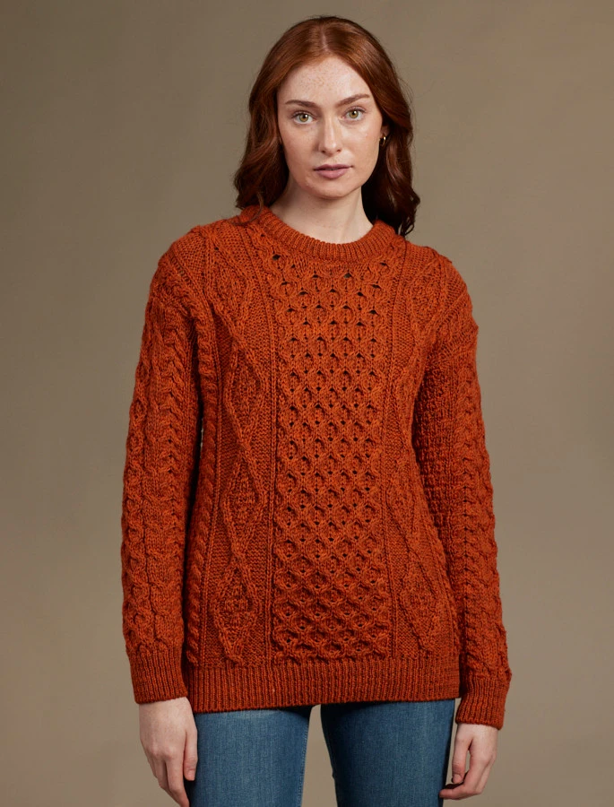 Women's Traditional Aran Wool Crew Neck Sweater - Image 18