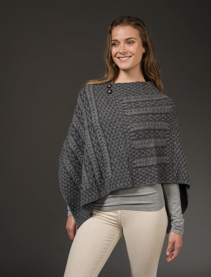 Plated Aran Poncho With Button Detail - Image 2