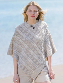 Plated Aran Poncho With Button Detail