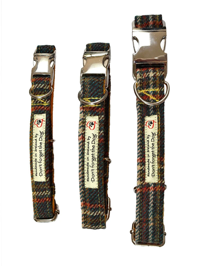 Tweed Dog Collar Metal Buckle - Bright Green & Russet Windowpane
