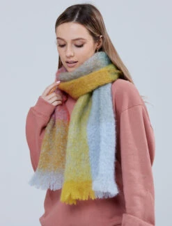 Giant Mohair Scarf -Gold Blue Block