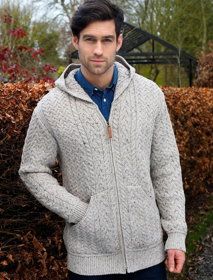 Mens Hooded Aran Cardigan
