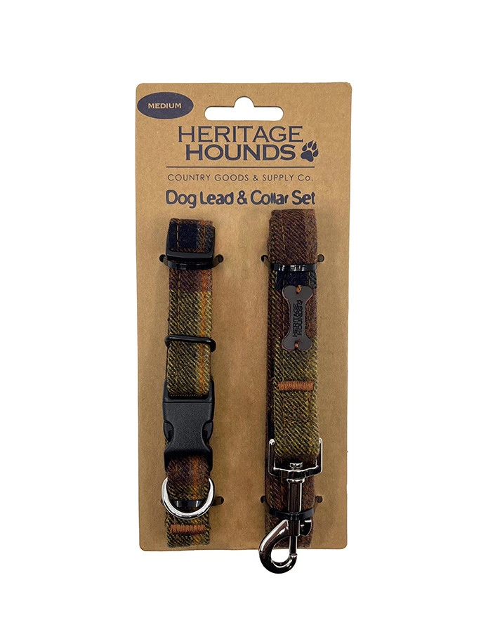 Tweed Dog Lead & Collar Set - Amber Plaid