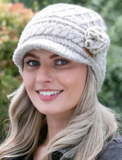Ladies Aran Trellis Peak Hat With Flower