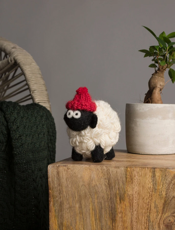 Standing Knitted Mountain Irish Sheep With Red Bobble Hat Collectible