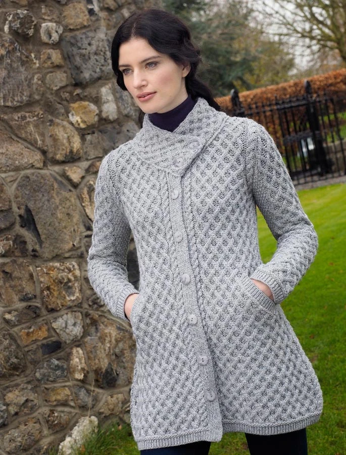 Merino Cross Over Neck Aran Coatigan - Image 3